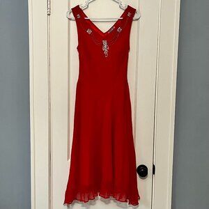 Robbie Bee VTG 100% silk red midi dress embellished beaded drop waist size 6P